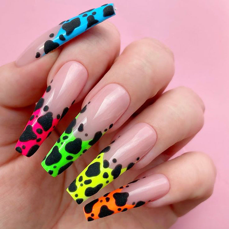 Colorful Wild Animal Print Long Coffin Press On Nail Set with Neon Accents and Unique Cow Spot Design