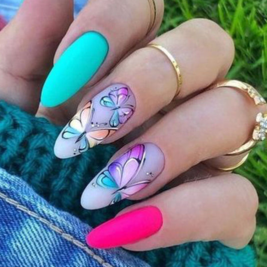 Butterfly Dream Press On Nail Set Long Almond Shape Vibrant Teal and Pink with Stunning Butterfly Designs