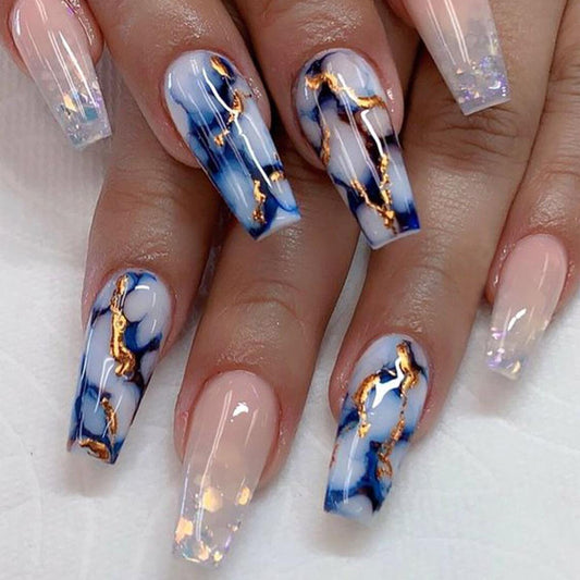 Oceanic Elegance Long Coffin Blue and White Marble Press On Nail Set with Gold Accents