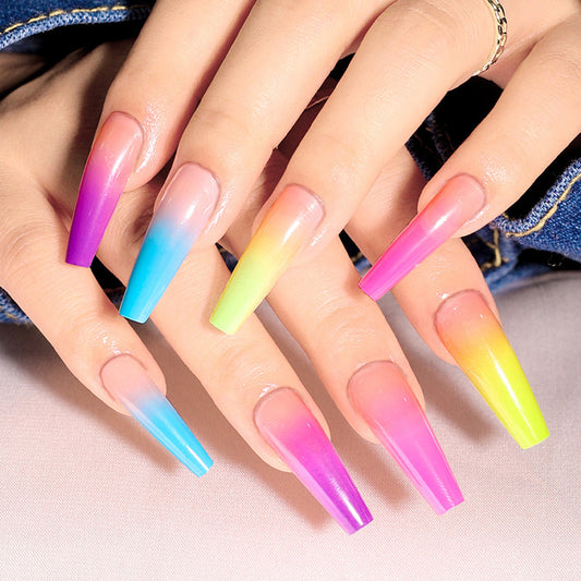 Vibrant Sunset Glam Extra Long Coffin Shape Ombre Press On Nail Set with Gradient Color Splash