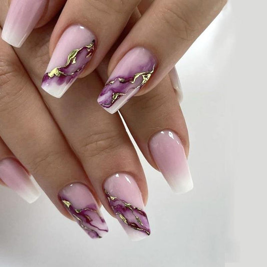 Elegant Fantasy Extra Long Coffin Press On Nail Set in Soft Pink and White with Marble Effect and Gold Accents