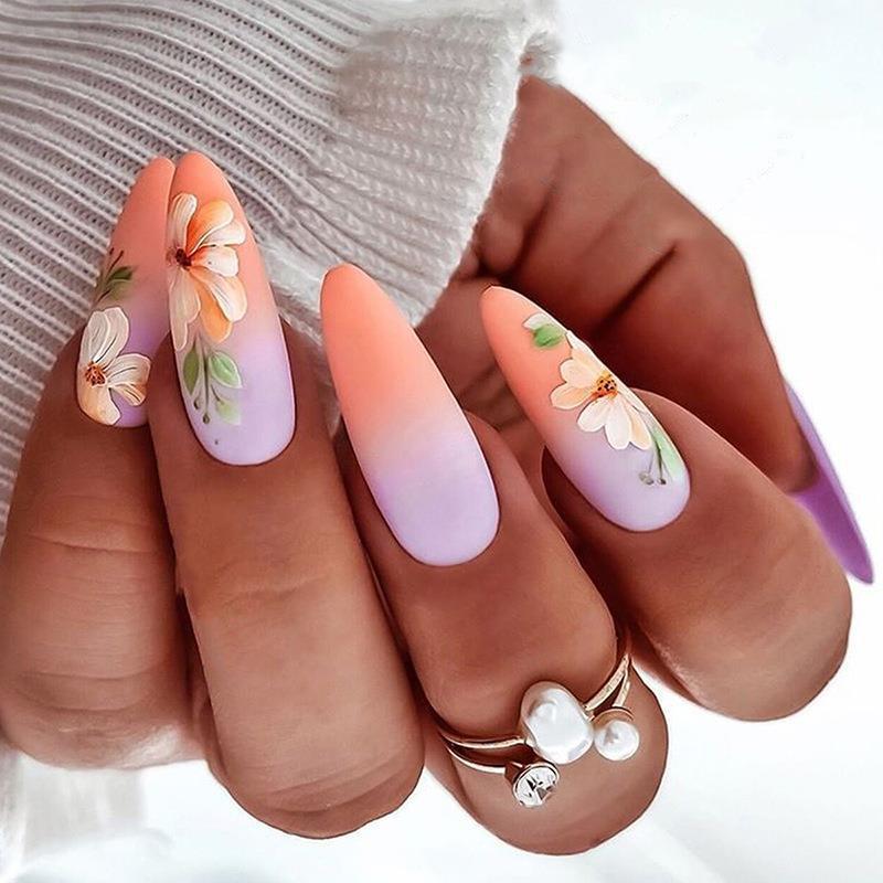 Blossom Garden Long Almond Press On Nail Set Ombre Orange and Purple with Hand-Painted Floral Design