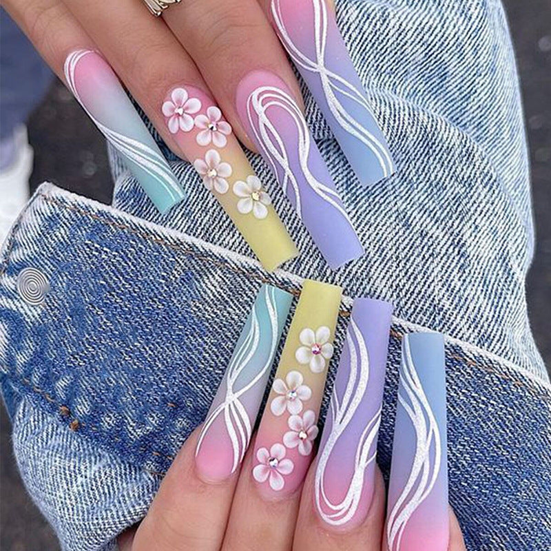 Whimsical Garden Long Coffin Ombre Pastel Press On Nail Set with Floral Accents