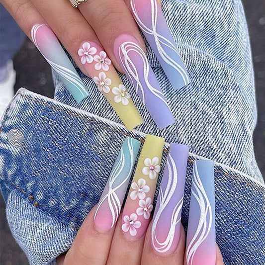 Whimsical Garden Long Coffin Ombre Pastel Press On Nail Set with Floral Accents