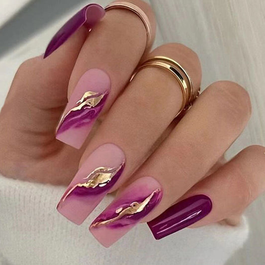 Elegant Aurora Press On Nails Long Square Shape Purple and Pink with Gold Swirl Accent Design