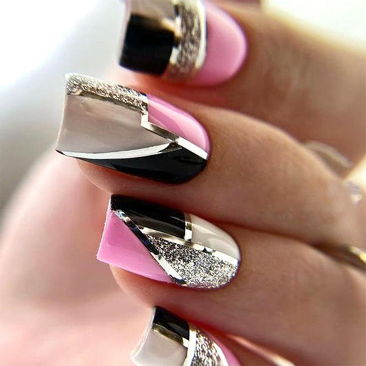 Glamorous Geometric Press On Nail Set Long Square Pink Black and Silver with Glitter Accent