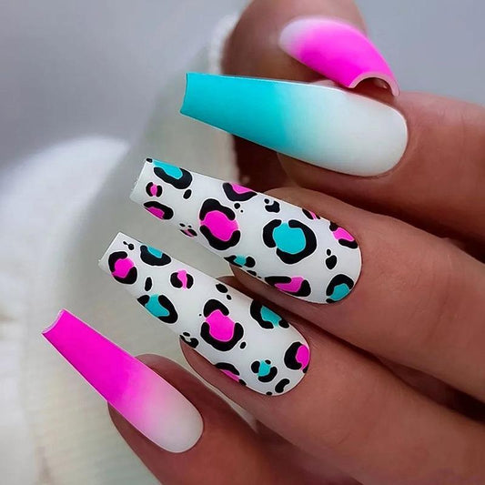 Wild Jungle Vibes Long Coffin Gradient Pink and Blue Press On Nail Set with Funky Leopard Print Design