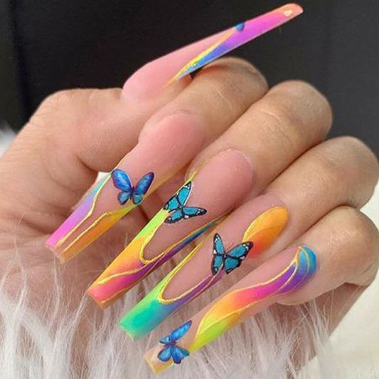 Butterfly Dream Long Coffin Neon Rainbow Press On Nail Set with 3D Butterfly Accents