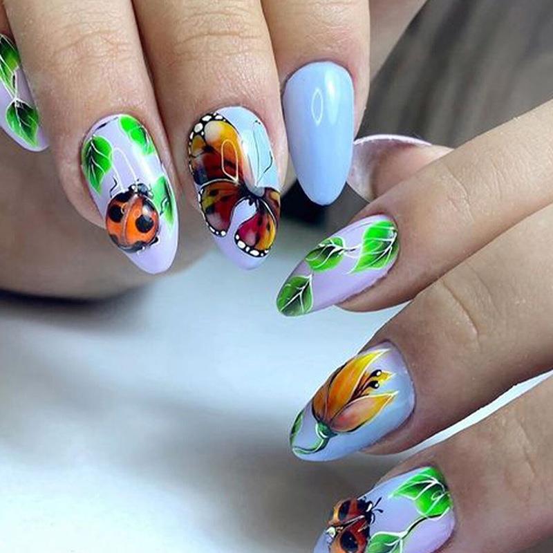 Garden of Delights Long Almond Shaped Lavender and Green Press On Nail Set with Butterfly and Flower Art