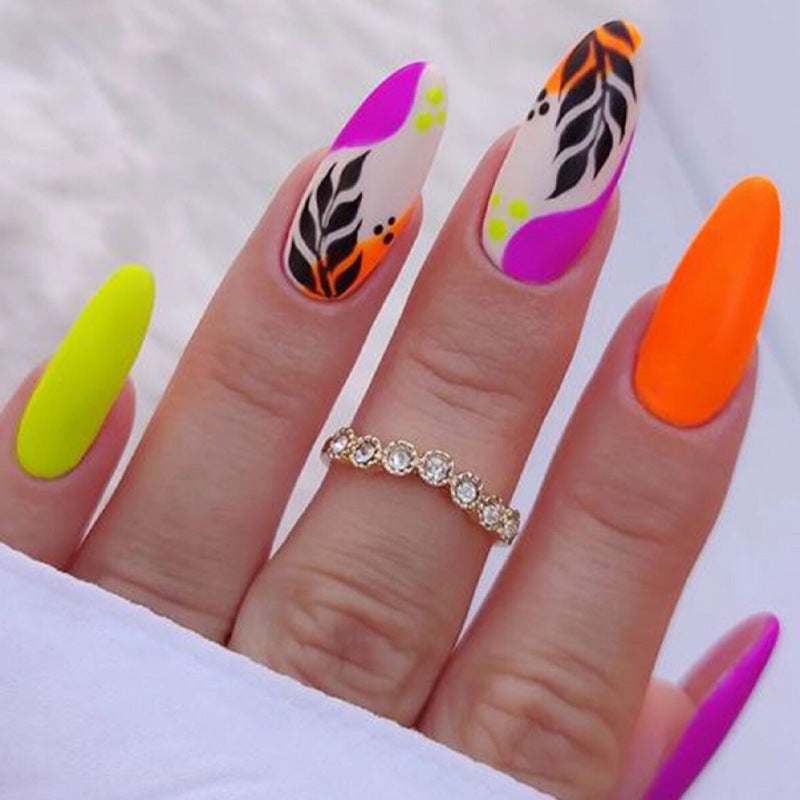 Tropical Vibes Long Almond Bright Neon Press On Nail Set with Unique Floral Art Design