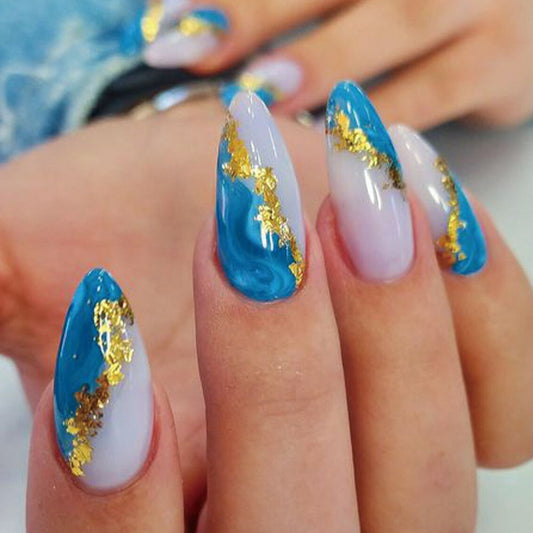 Ocean Breeze Long Almond Blue and White Press On Nail Set with Gold Foil Accents