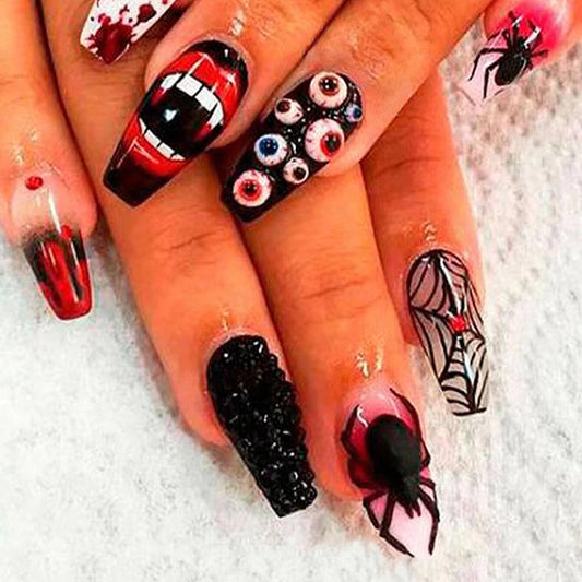 Spooky Horror Themed Long Coffin Shaped Red Black and Clear Press On Nail Set with 3D Spider and Blood Splatter Accents