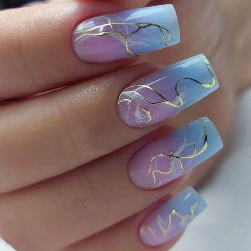 Celestial Dream Long Square Ombre Blue and Purple Press On Nail Set with Elegant Gold Artistry