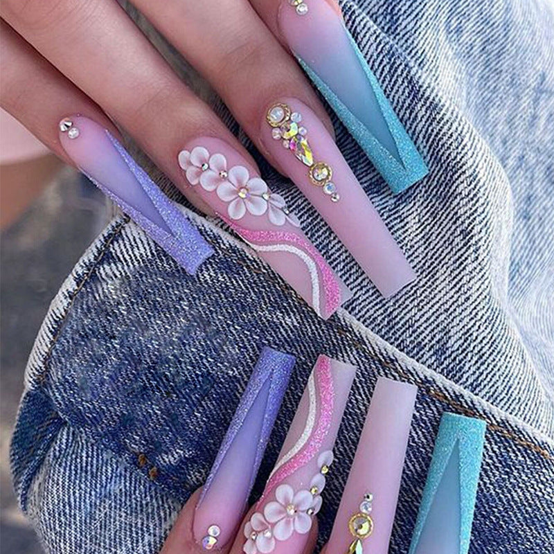 Floral Dream Long Coffin Ombre Lavender Pink and Teal Press On Nail Set with Rhinestone Accents