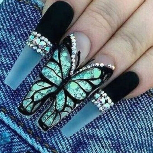 Butterfly Dream Long Coffin Black and Aqua Press On Nail Set with Glittering Rhinestones