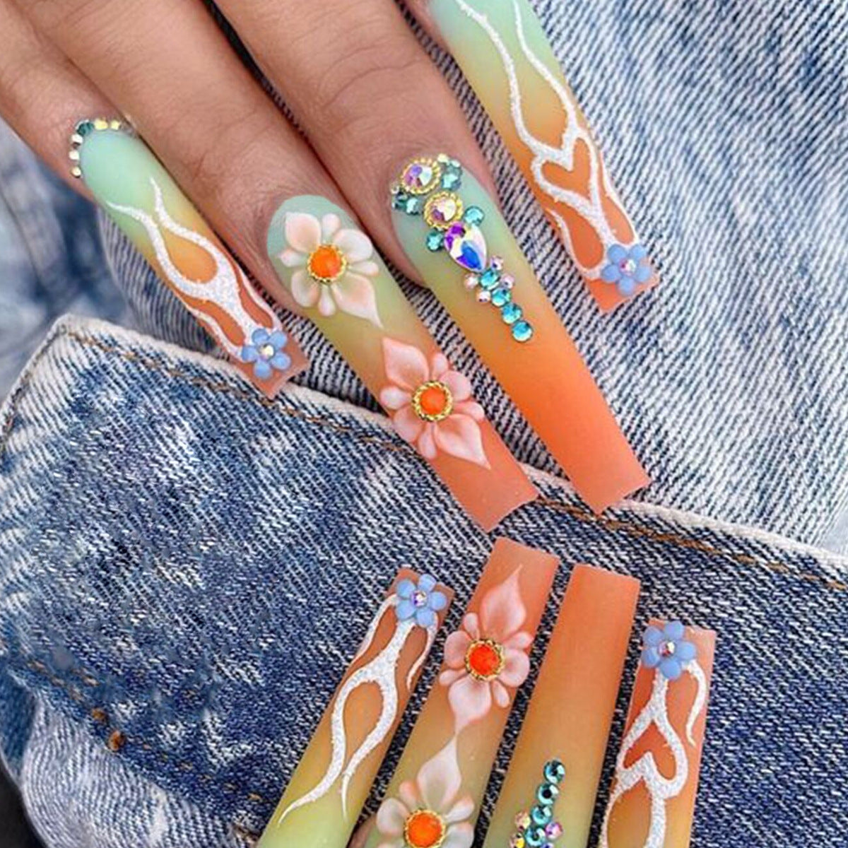 Floral Sunset Long Coffin Gradient Green to Orange Press On Nail Set with Gems and 3D Flower Designs