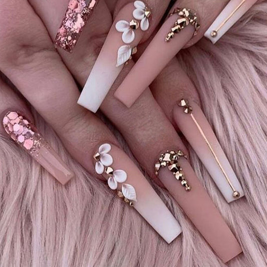 Elegant Floral Glam Long Coffin Rose Pink Press On Nail Set with Stunning 3D Accents