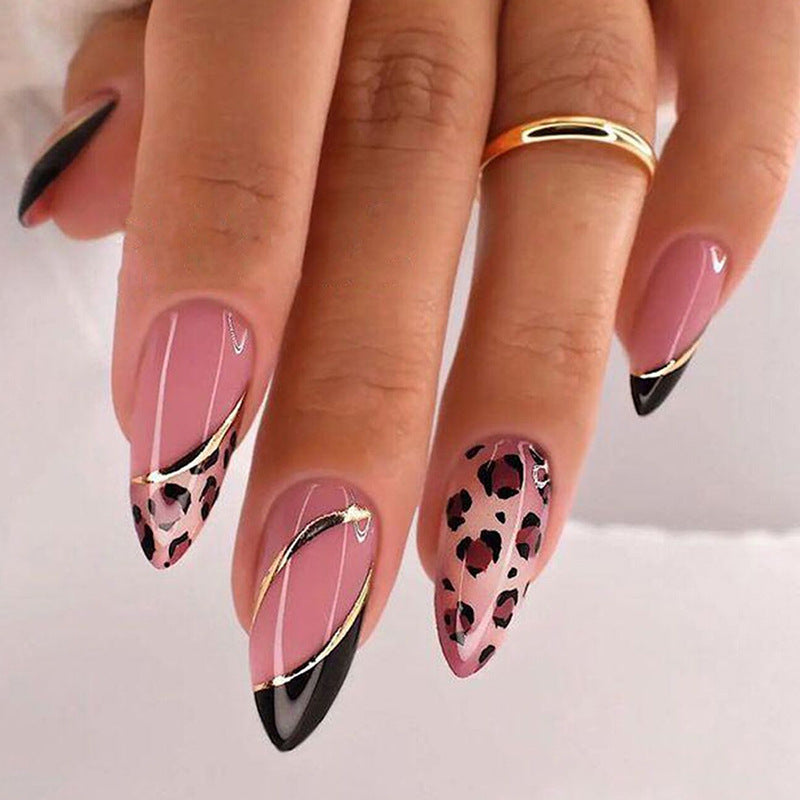 Wild Safari Glam Long Almond Press On Nails Pink with Black Tips and Leopard Print Design