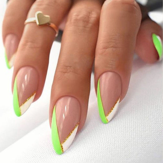 Tropical Paradise Long Almond Green and White Press On Nail Set with Gold Accent Lines