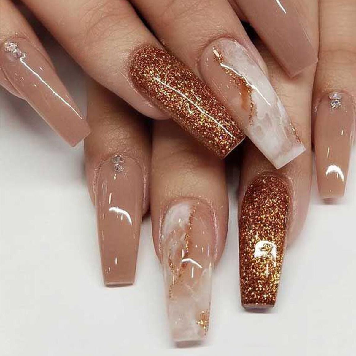 Glamorous Autumn Luxe Long Coffin Beige and Glitter Press On Nail Set with Marble Accent