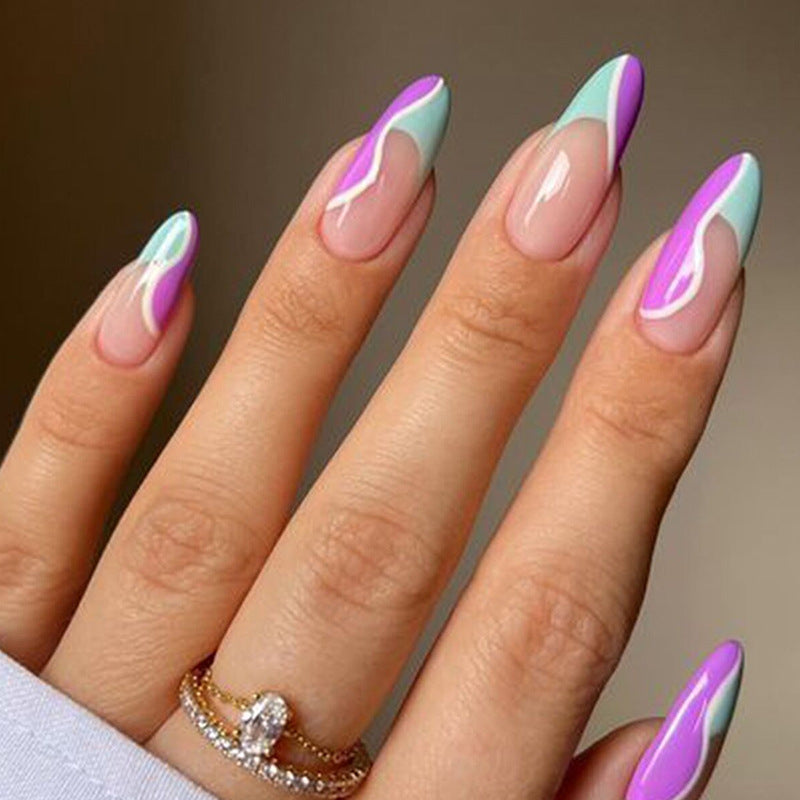 Vibrant Waves 8 Long Almond Shaped Pastel Blue and Purple Press On Nail Set with Unique Abstract Design