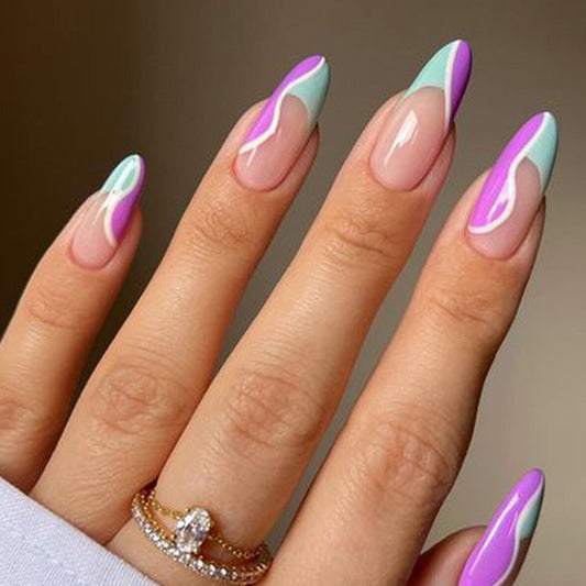 Vibrant Waves 8 Long Almond Shaped Pastel Blue and Purple Press On Nail Set with Unique Abstract Design