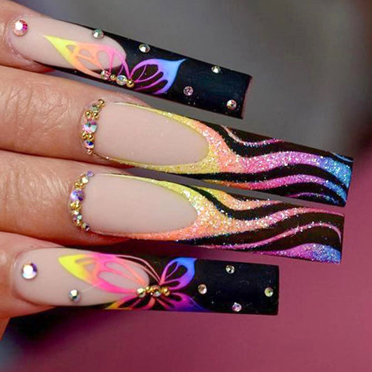 Butterfly Dream Long Square Colorful Gradient Press On Nail Set with Rhinestone Accents