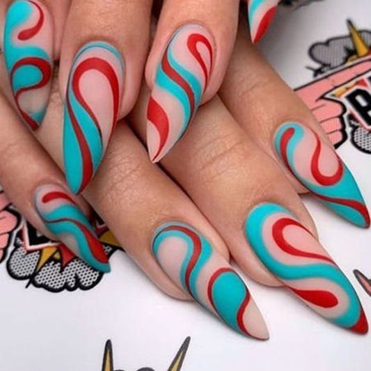 Retro Swirl Long Almond Teal and Red Design Press On Nail Set with Matte Finish