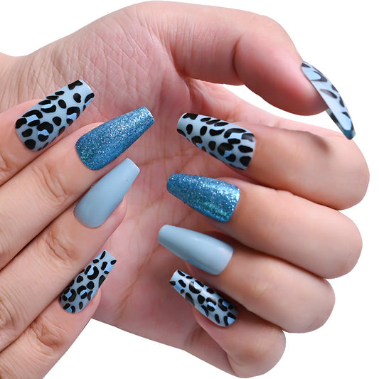 Bold Safari Chic Long Coffin Blue Leopard Print Press On Nail Set with Glitter Accents