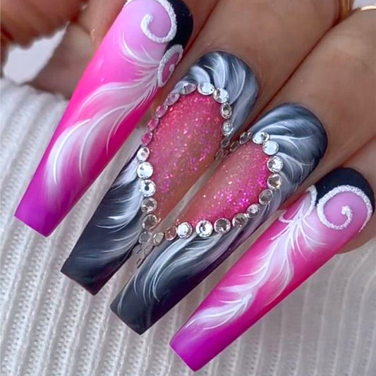 Glamorous Fairy Tale Long Coffin Pink and Black Ombre Press On Nail Set with Rhinestone Accents and Glitter Heart Design