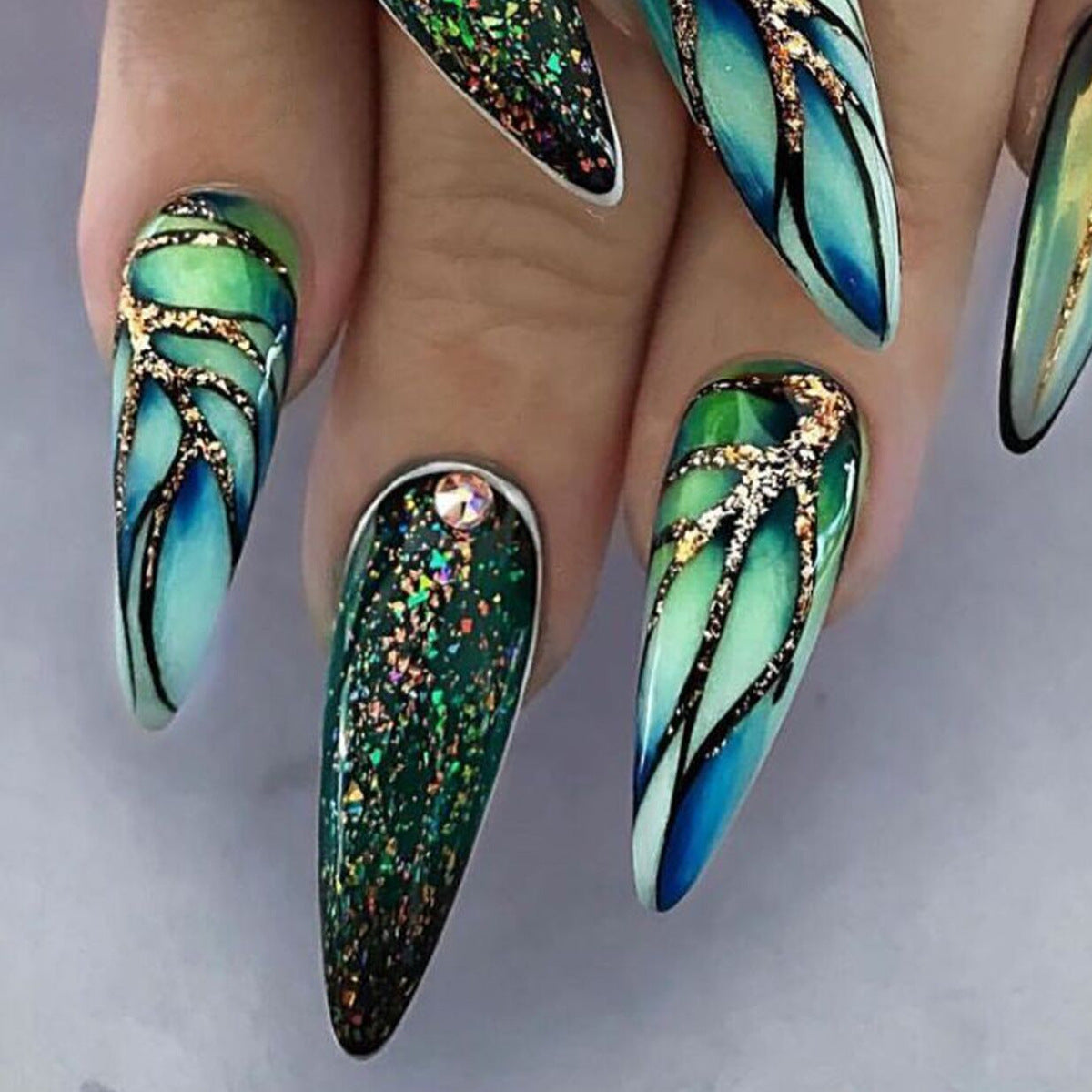 Mystical Forest Long Almond Green and Blue Glitter Press On Nail Set with Jewel Accents