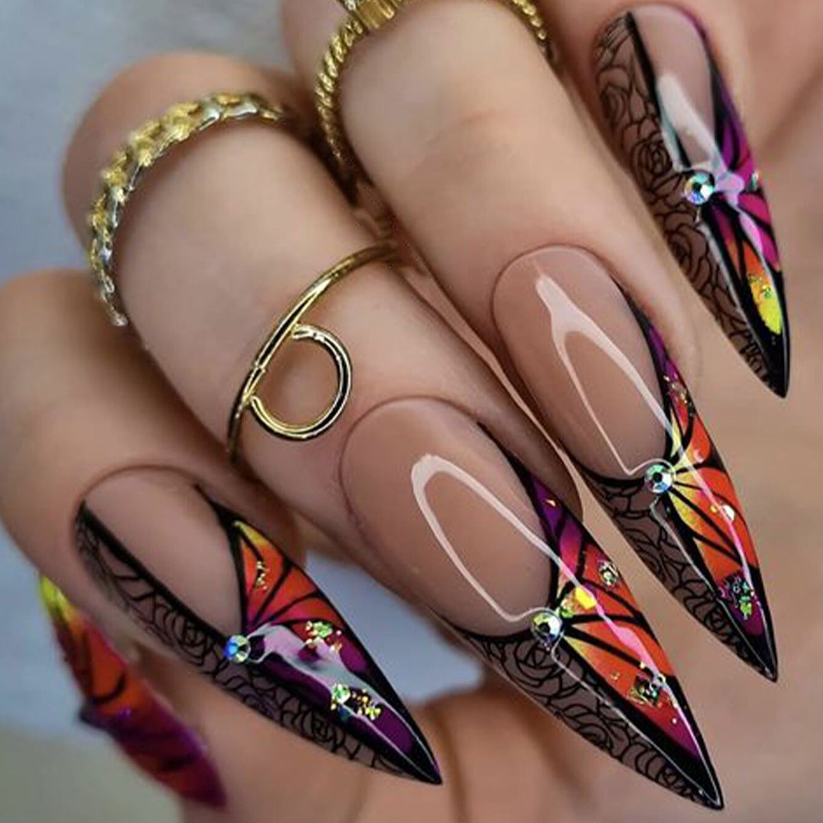 Vibrant Sunset Fantasy Stiletto Press On Long Nails Orange and Pink with Floral Design and Gemstone Accents