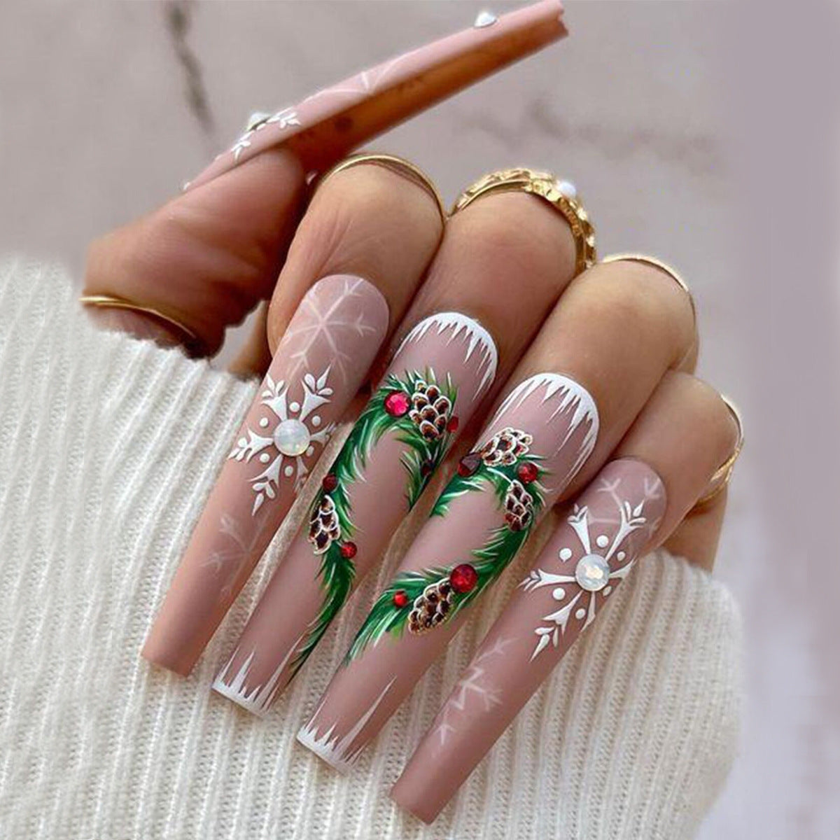 Festive Winter Wonderland Extra Long Coffin Shape Matte Pink Press On Nail Set with Holiday Floral Designs and Glitter Accents