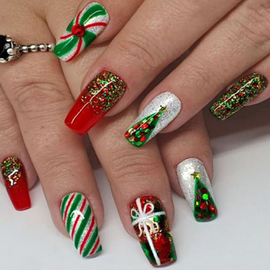 Holiday Glam Long Coffin Red Green Glittery Press On Nail Set with Festive Christmas Designs