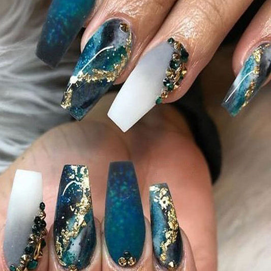 Galactic Glamour Long Coffin Press On Nail Set in Teal Black and White with Gold Accents and Sparkling Rhinestones