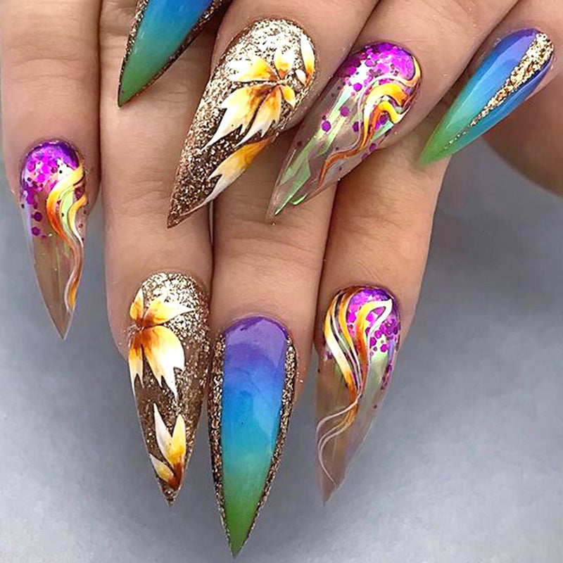 Tropical Paradise Long Stiletto Press On Nail Set Multi-Colored with Floral and Glitter Design