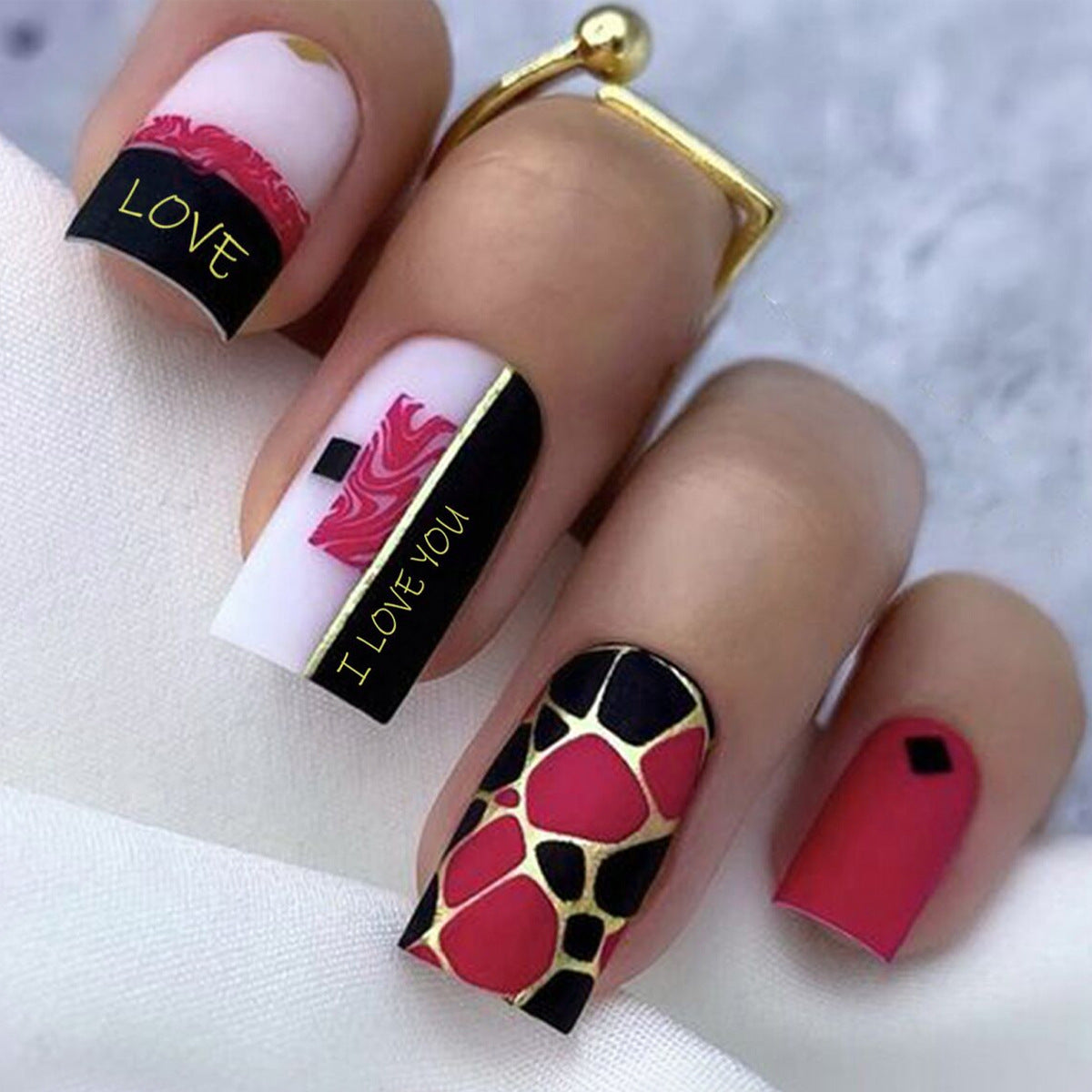 Romantic Love Theme Long Square Red and Black Press On Nail Set with Unique Gold Accent Design