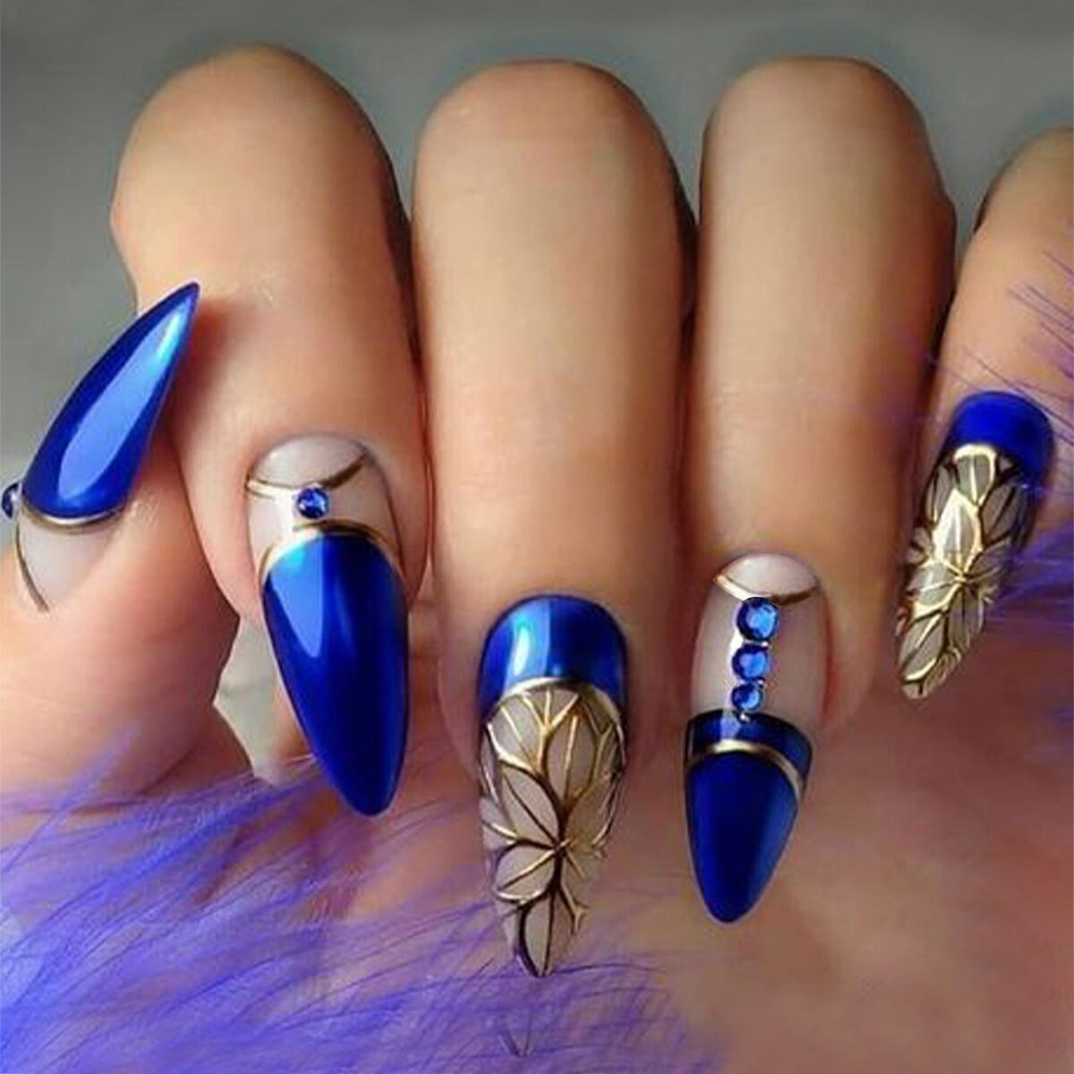 Elegant Blue Stiletto Press On Nail Set 10 Long Sharp Glossy Blue with Gold Leaf and Gemstone Accents