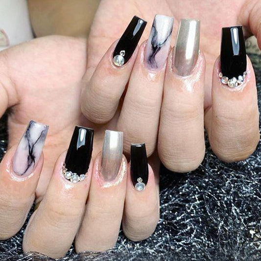 Glamorous Marble Design Extra Long Coffin Press On Nail Set in Black Silver and White with Rhinestone Accents