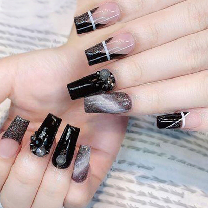 Galaxy Glam Long Coffin Black and Gray Press On Nail Set with Sparkling Gems and Striking Marble Design