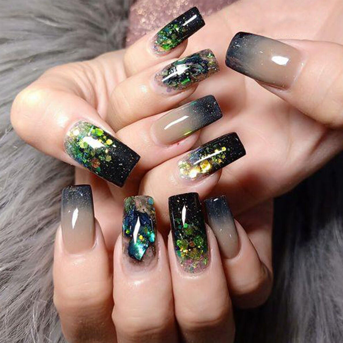 Enchanted Forest Extra Long Square Press On Nails Black Green Ombre with Glitter Accents