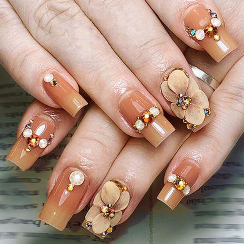 Floral Elegance Long Square Peach Press On Nail Set with 3D Flower and Gemstone Accents