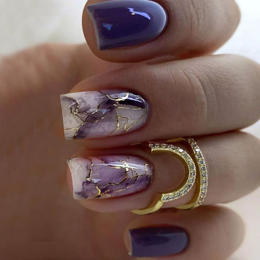 Elegant Opulence Medium Square Purple and Marble Press On Nail Set with Gold Accents