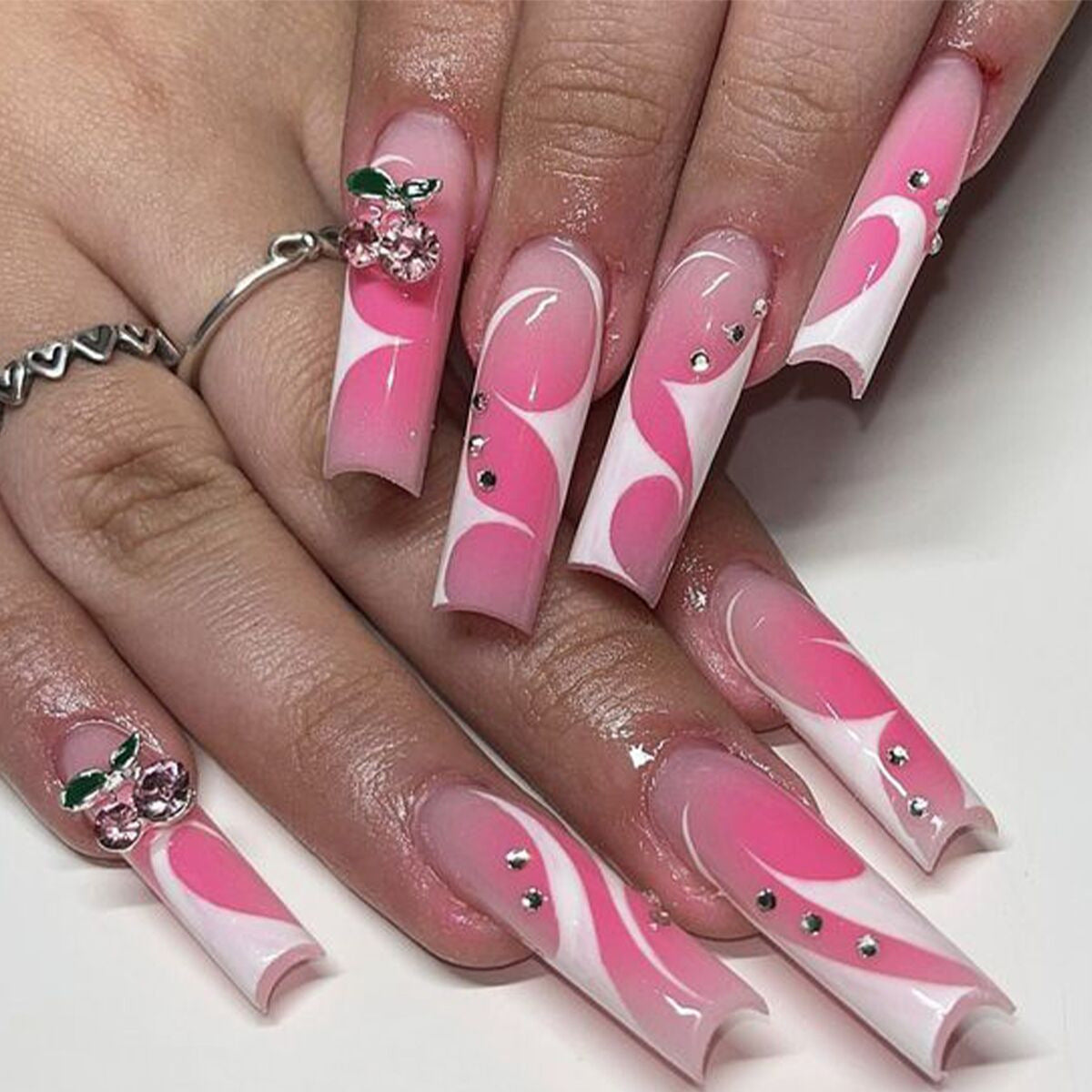 Cherry Blossom Long Square Pink Ombre Press On Nail Set with Rhinestone Accents