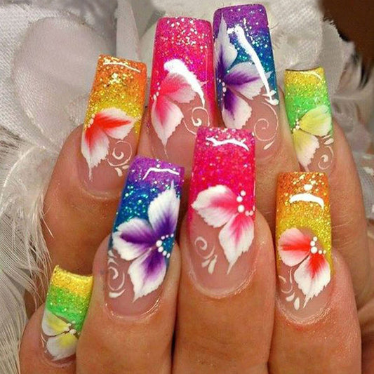 Tropical Paradise Extra Long Square Press On Nails Multi-Color Ombre with Floral Glitter Design