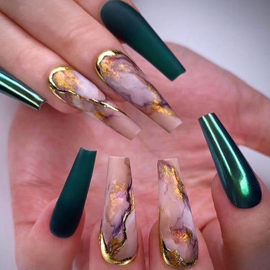 Mystical Elegance Long Coffin Shaped Green and Marble Press On Nail Set with Gold Accents