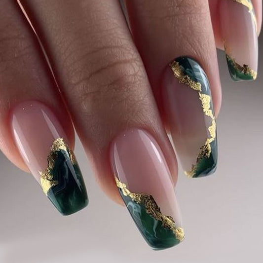 Elegant Forest Dream Long Coffin Press On Nail Set in Green and Beige with Gold Foil Accents