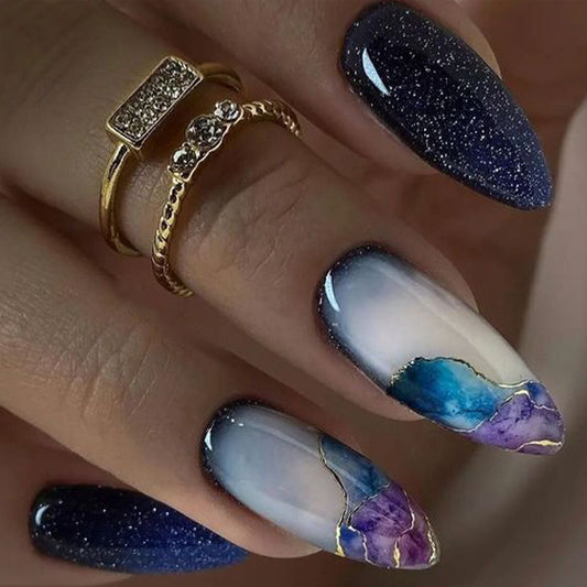 Mystical Galaxy Almond Press On Nail Set long almond shape deep navy blue color with shimmering galaxy design