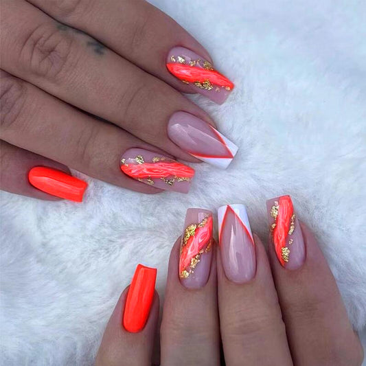 Vibrant Sunset Ombre Long Square Claw Press On Nail Set with Neon Orange and Gold Accents