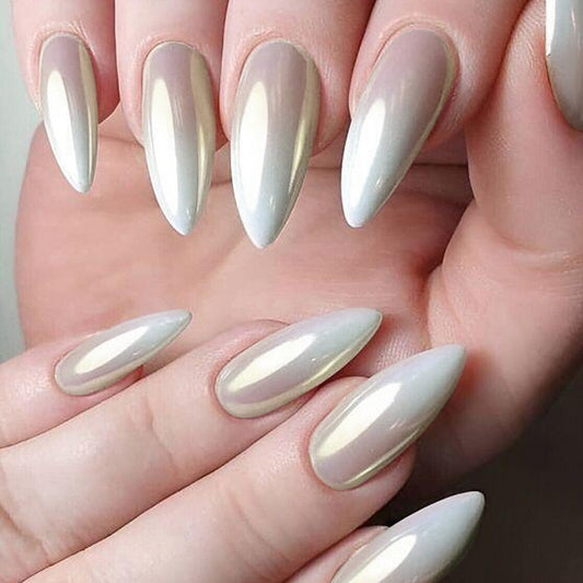 Glamorous Dreamy Press On Nail Set Long Stiletto Shape White and Iridescent Shine Ideal for Elegant Occasions